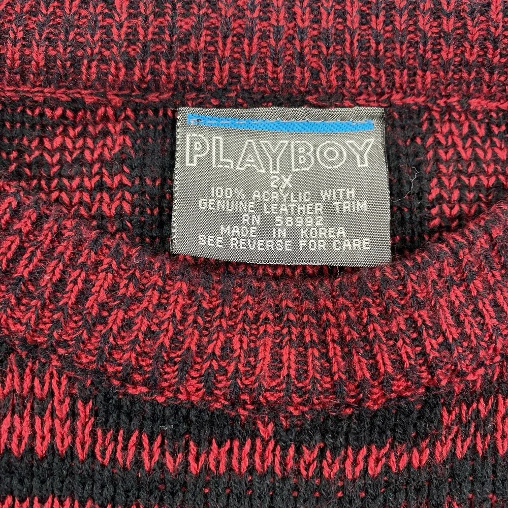 Vintage Playboy Sweater Mens 2X Red Black Pullover Crew Neck Leather Trim - Picture 7 of 9